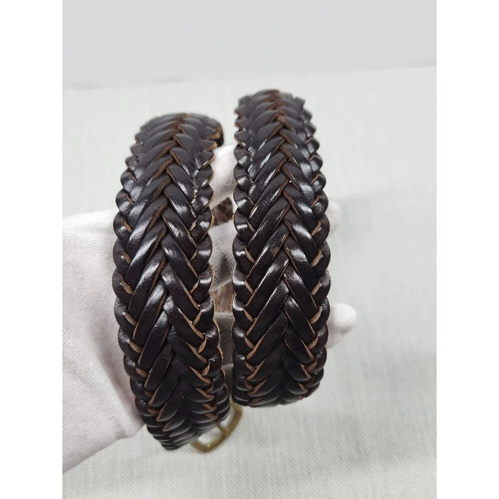 Duluth Trading Co Sz 36 Dark Brown Leather Belt Braided Woven Brass Buckle Flaw